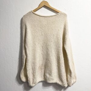 Demylee Sweater Womens Large Balloon Sleeve Knit Ivory Cream Fuzzy Wool Alpaca
